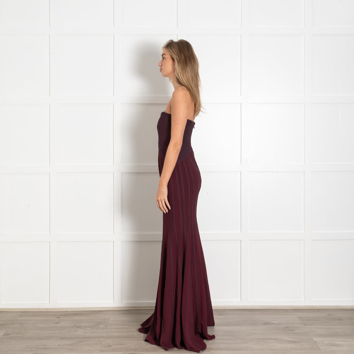 Halston Heritage Burgundy Striped Fitted Strapless Maxi Dress - Image 4