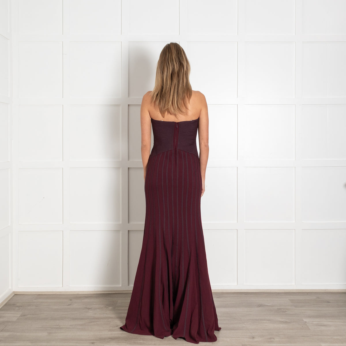 Halston Heritage Burgundy Striped Fitted Strapless Maxi Dress - Image 5