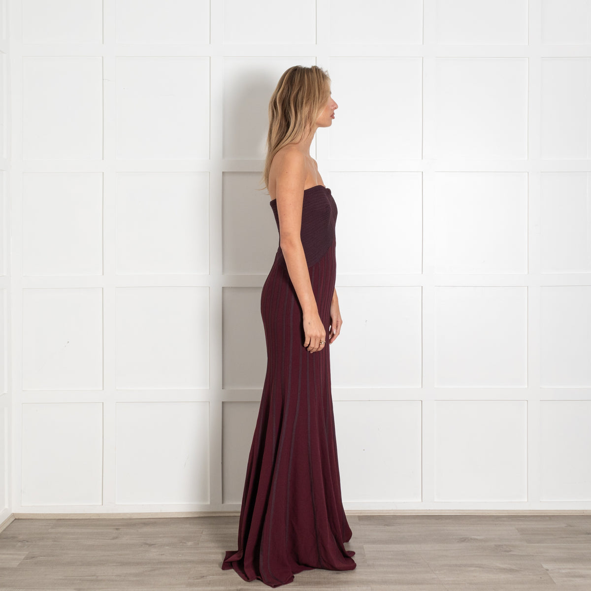 Halston Heritage Burgundy Striped Fitted Strapless Maxi Dress - Image 6