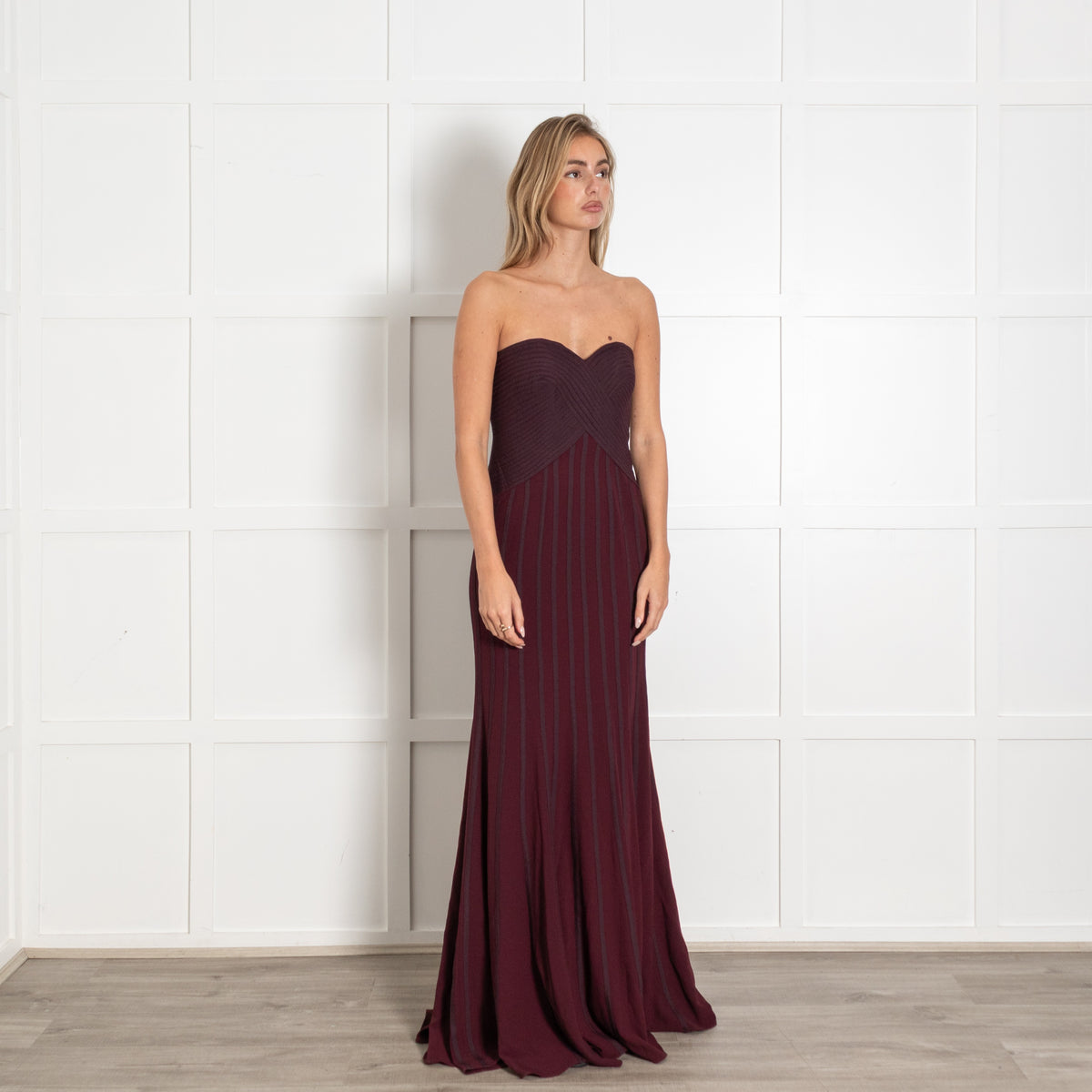 Halston Heritage Burgundy Striped Fitted Strapless Maxi Dress - Image 7