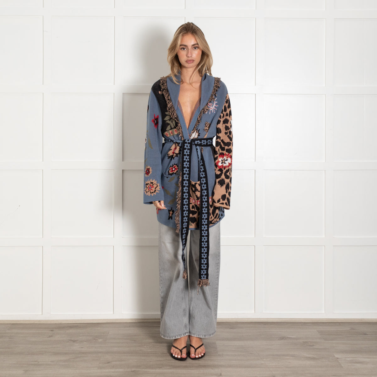 Hayley Menzies Blue Floral Leopard Print Wrapped Cardigan - Image 1