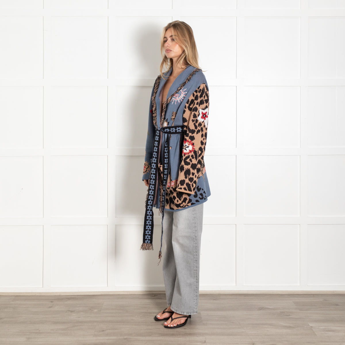 Hayley Menzies Blue Floral Leopard Print Wrapped Cardigan - Image 3