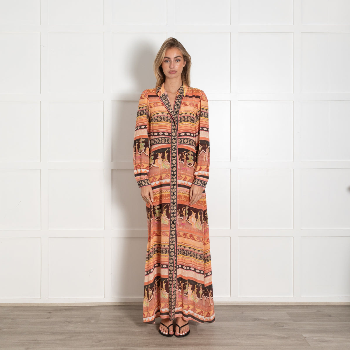 Hayley Menzies Orange Silk Print Long Sleeved Maxi Dress - Image 1