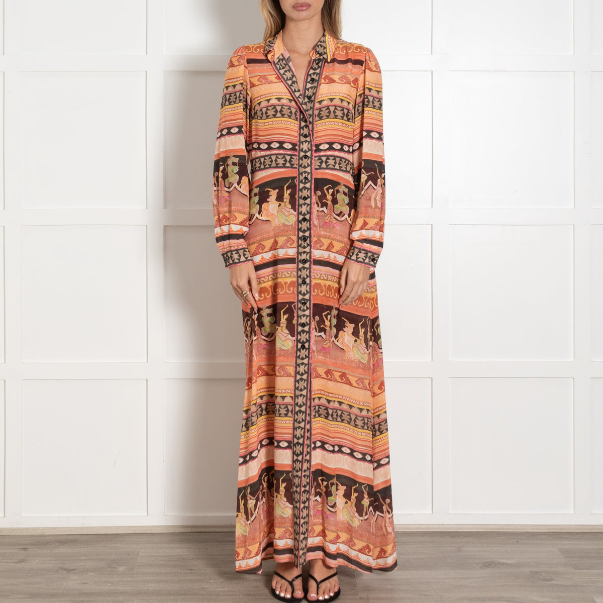 Hayley Menzies Orange Silk Print Long Sleeved Maxi Dress - Image 2