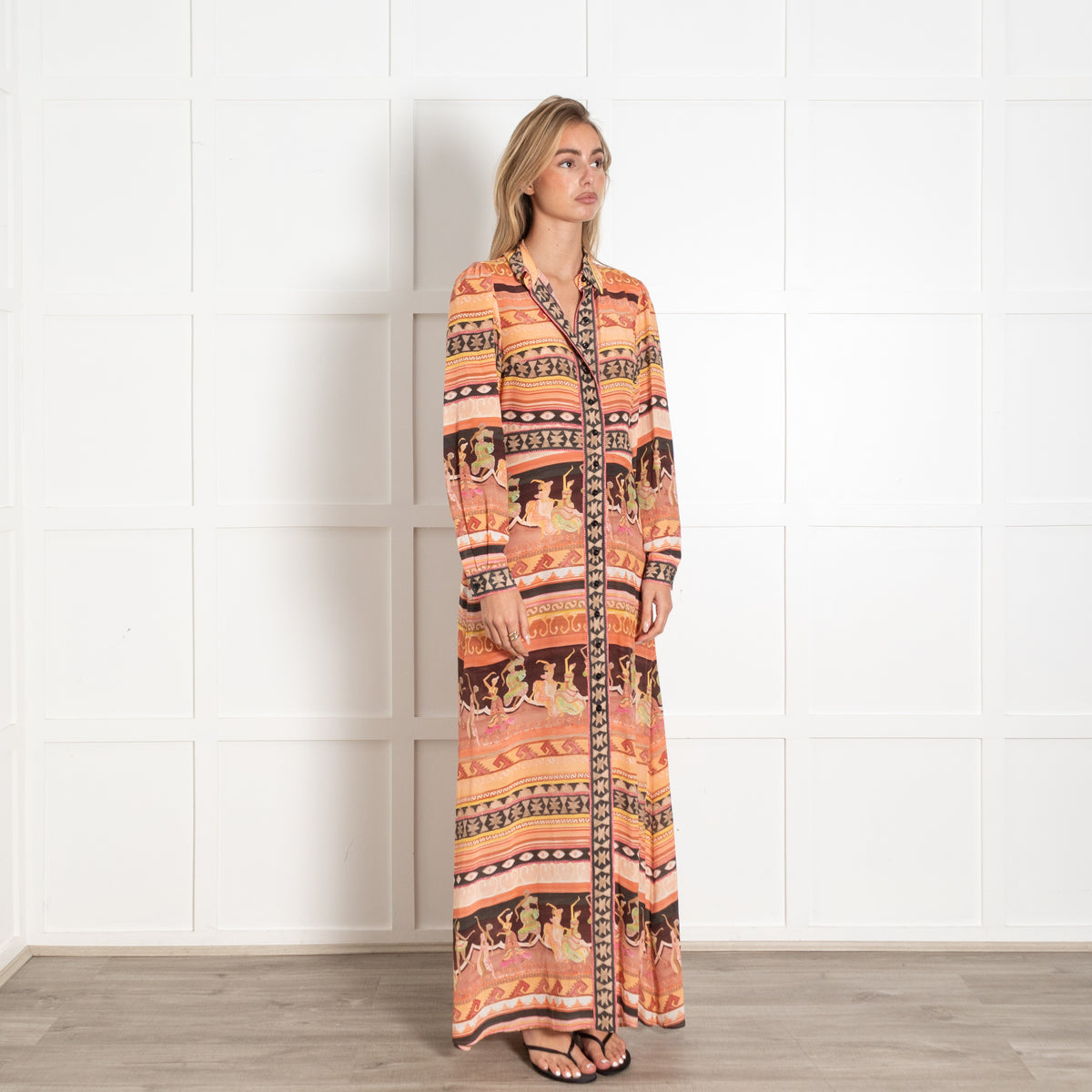 Hayley Menzies Orange Silk Print Long Sleeved Maxi Dress - Image 7