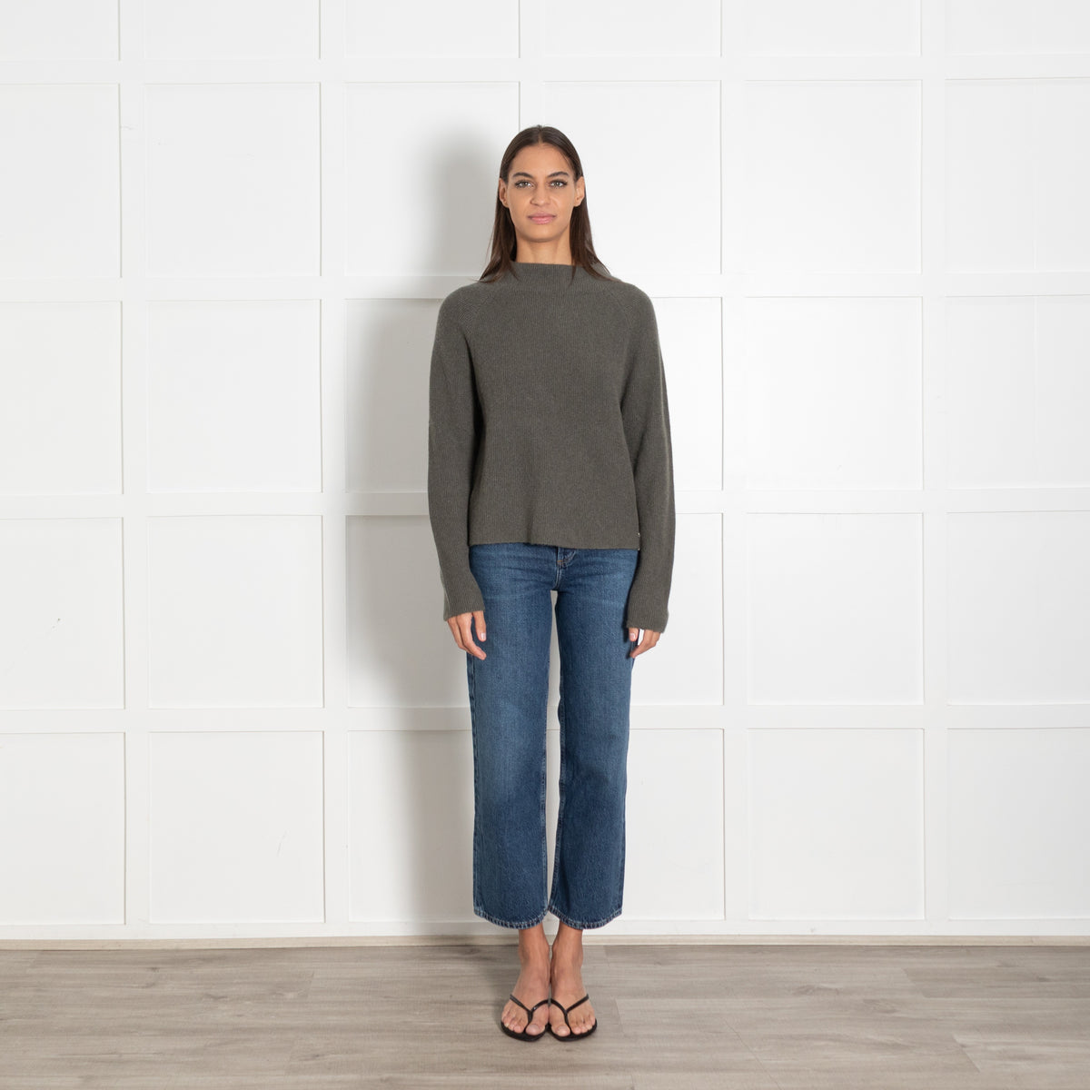 Henry Christ Khaki Cashmere Knit with Contrast Silver Thread - Image 1