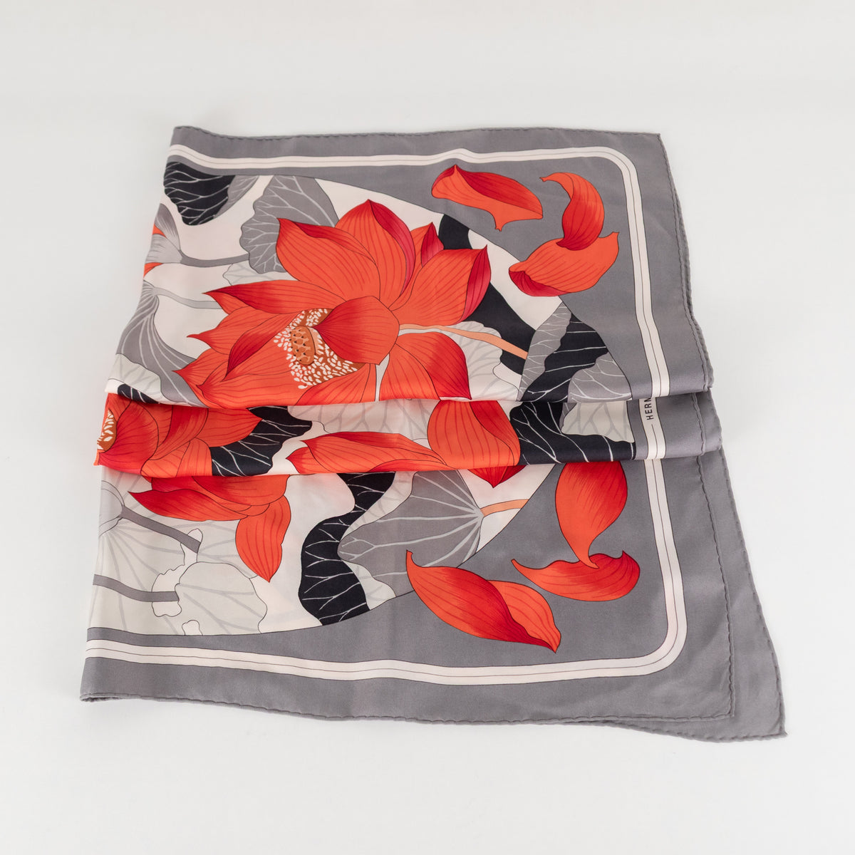 Hermes Fleurs De Lotus Grey And Red Silk Scarf - Image 1