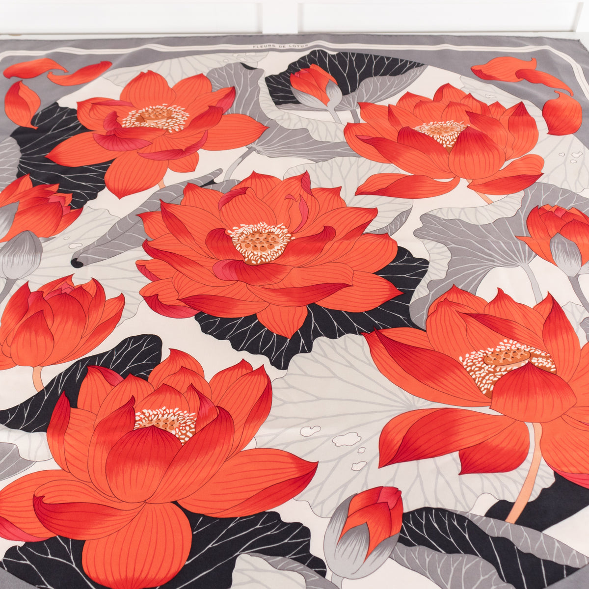 Hermes Fleurs De Lotus Grey And Red Silk Scarf - Image 3