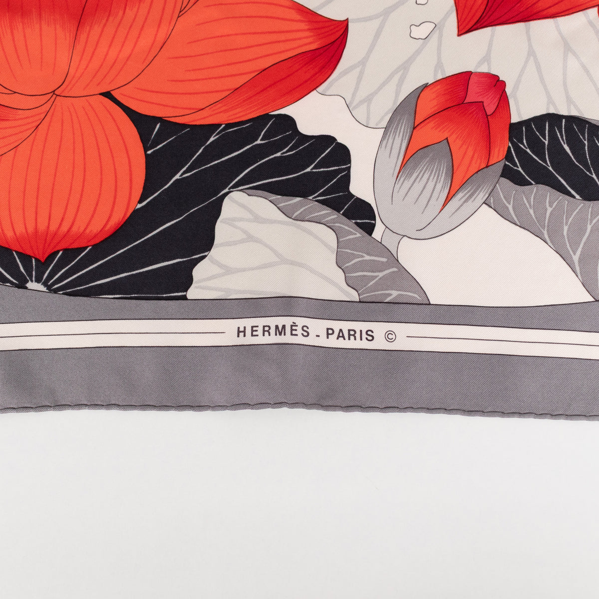 Hermes Fleurs De Lotus Grey And Red Silk Scarf - Image 4
