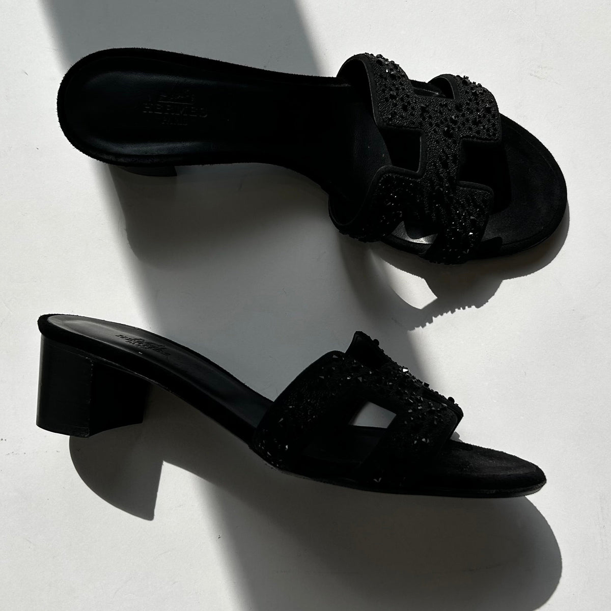 Hermes Black Suede Crystal Oasis Sandals