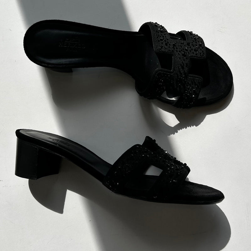 Hermes Black Suede Crystal Oasis Sandals