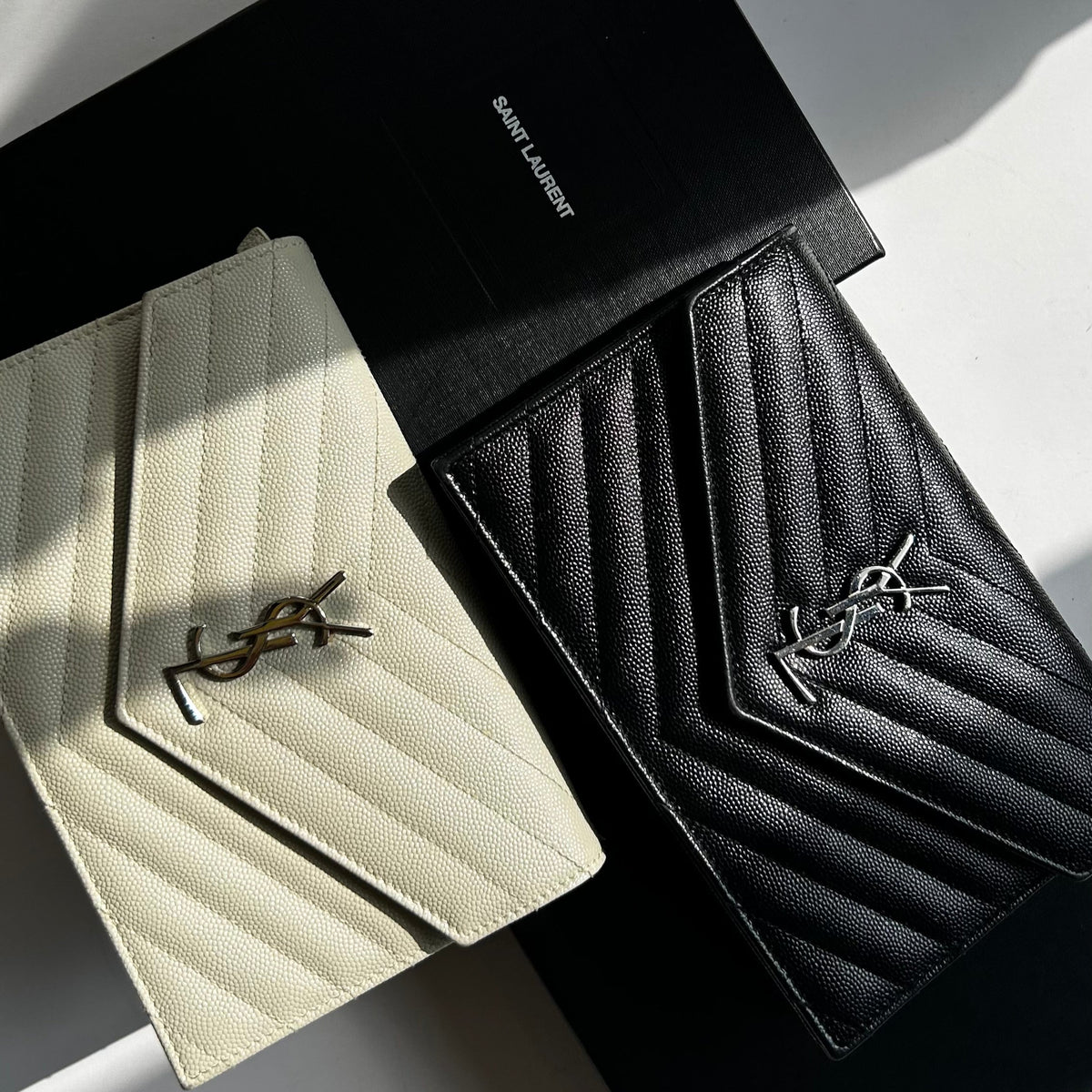 Saint Laurent Black Cassandre Envelope Chain Wallet with Chain