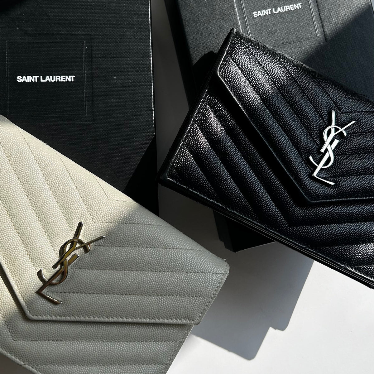 Saint Laurent Black Cassandre Envelope Chain Wallet with Chain
