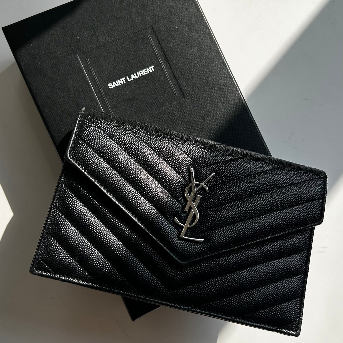 Saint Laurent Black Cassandre Envelope Chain Wallet with Chain
