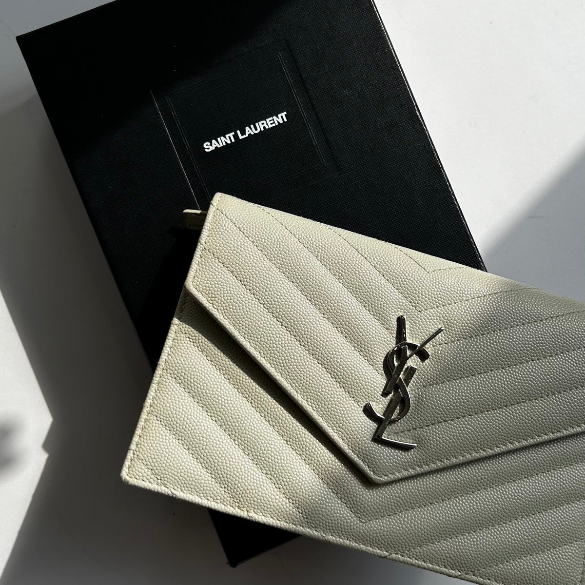 Saint Laurent Cream Cassandre Envelope Chain Wallet with Chain
