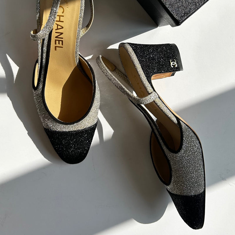 Chanel Woven Metallic Slingback with Block Heel