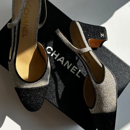Chanel Woven Metallic Slingback with Block Heel