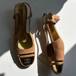 Chanel Pink Suede Block Heel Slingback with Gold Toe Cap