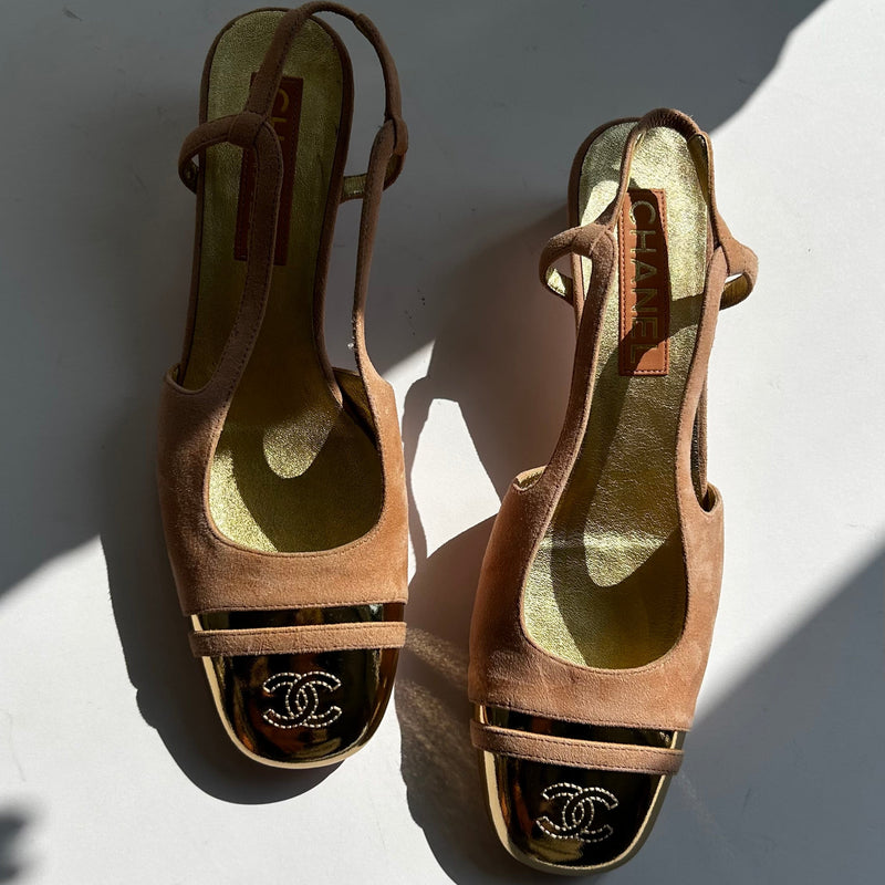 Chanel Pink Suede Block Heel Slingback with Gold Toe Cap