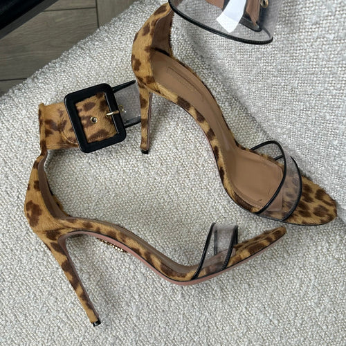 Aquazzura Leopard Print Pony Skin Heels With Clear Strap