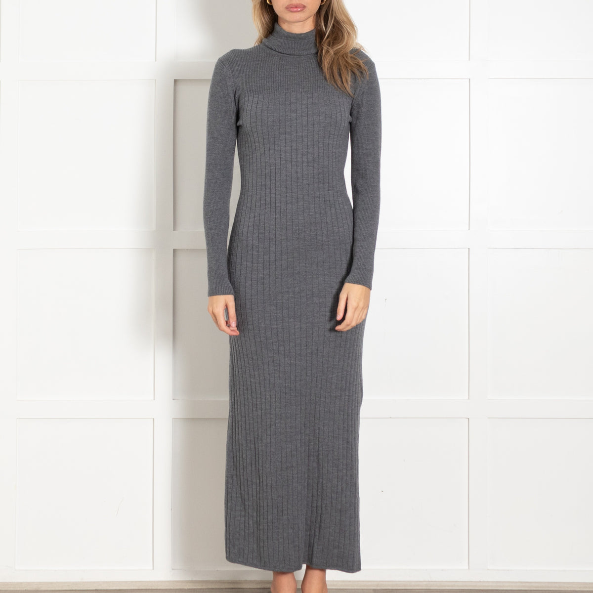 Grey Ribbed Knit Turtleneck Midi Dress - Image 2