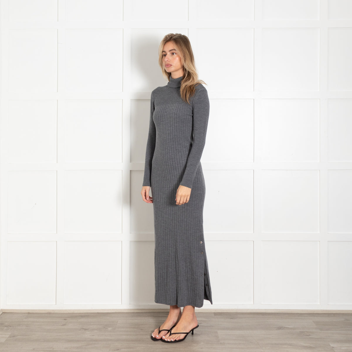 Grey Ribbed Knit Turtleneck Midi Dress - Image 3
