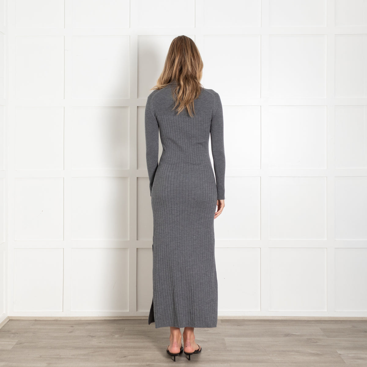 Grey Ribbed Knit Turtleneck Midi Dress - Image 5