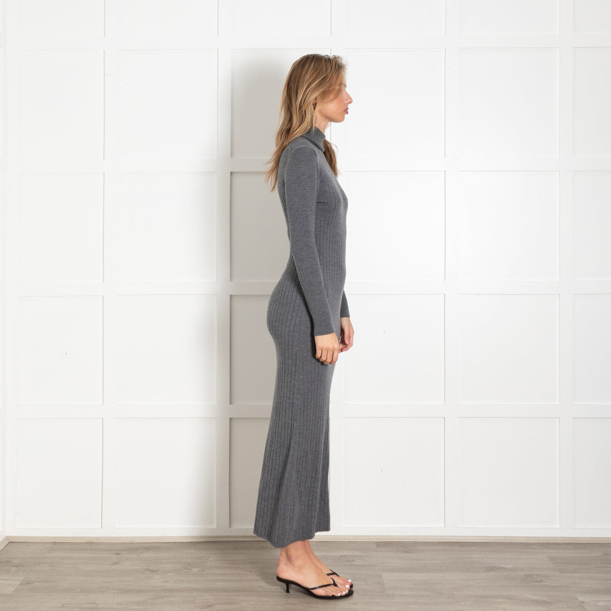 Grey Ribbed Knit Turtleneck Midi Dress - Image 6