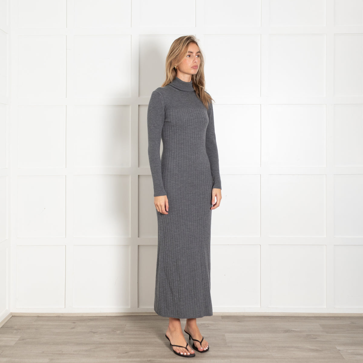 Grey Ribbed Knit Turtleneck Midi Dress - Image 7