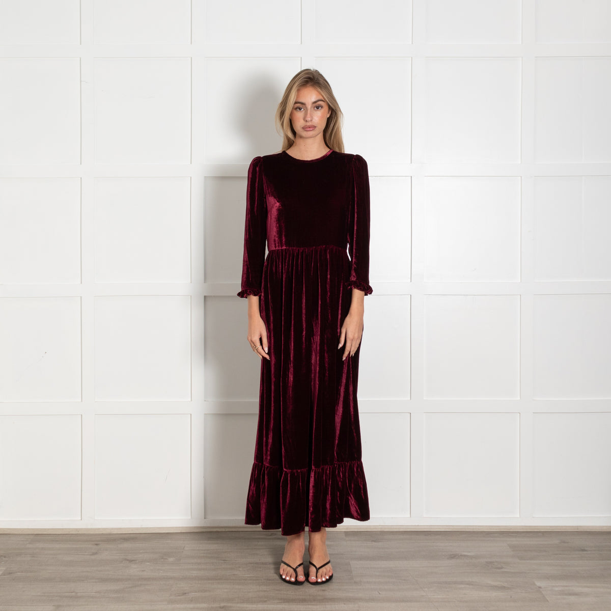 Iris Burgundy Velvet Maxi Dress with Ruffles - Image 1