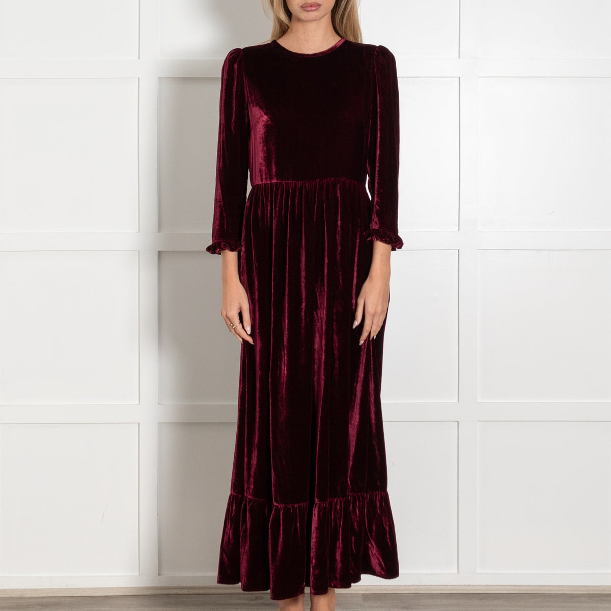 Iris Burgundy Velvet Maxi Dress with Ruffles - Image 2