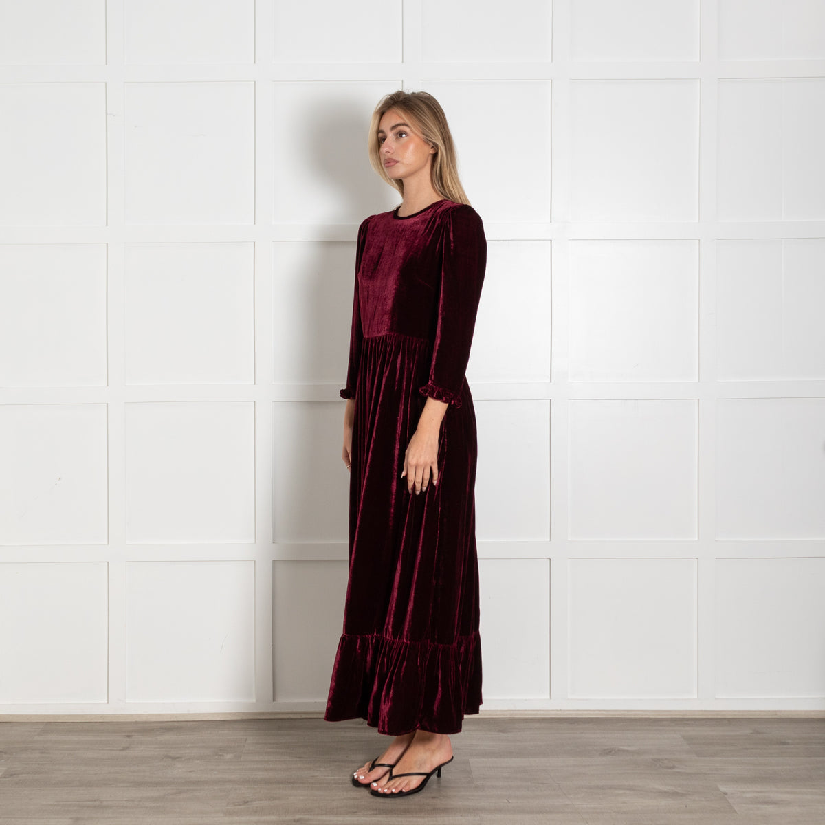 Iris Burgundy Velvet Maxi Dress with Ruffles - Image 3