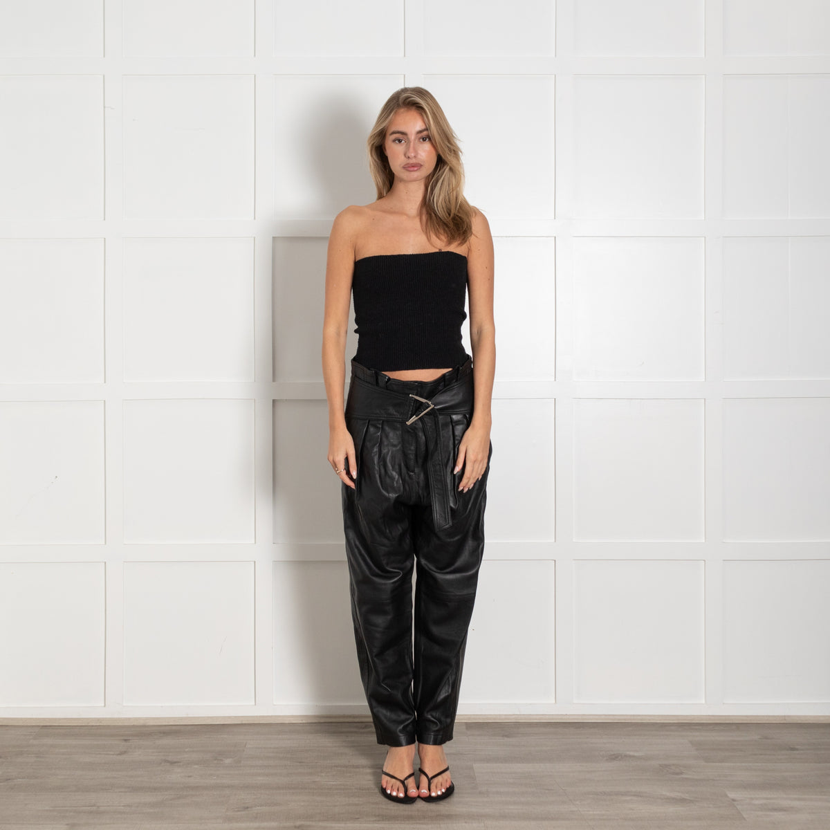 IRO Husvik Black Belted Pleated Lamb Leather Trousers - Image 1