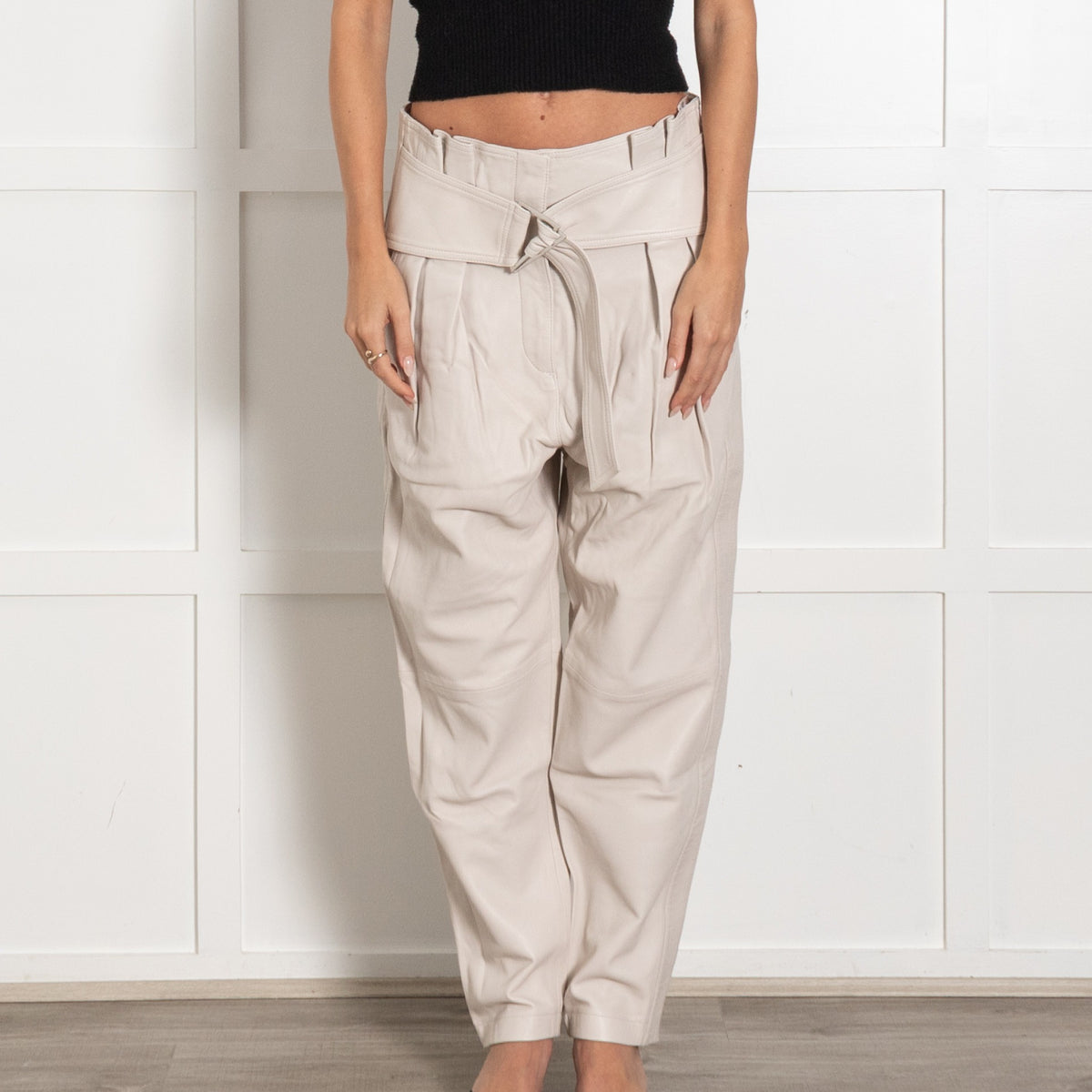 IRO Husvik Black Belted Pleated Lamb Leather Trousers - Image 2