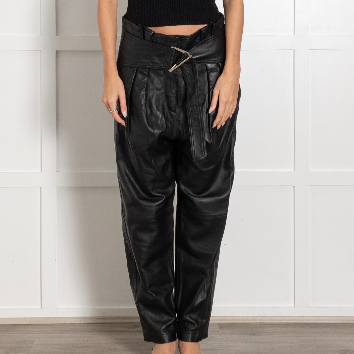 IRO Husvik Black Belted Pleated Lamb Leather Trousers - Image 2