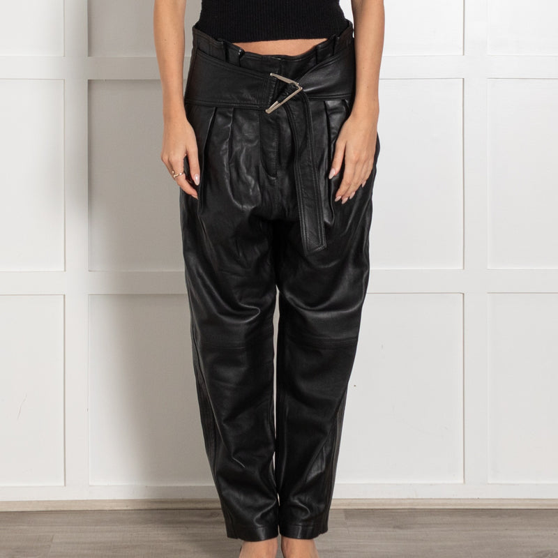 IRO Husvik Black Belted Pleated Lamb Leather Trousers - Image 2