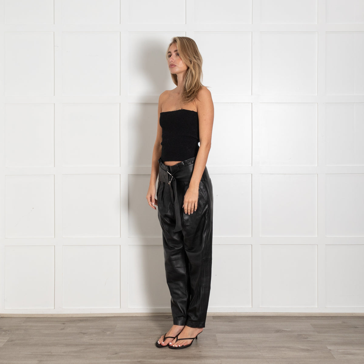 IRO Husvik Black Belted Pleated Lamb Leather Trousers - Image 3