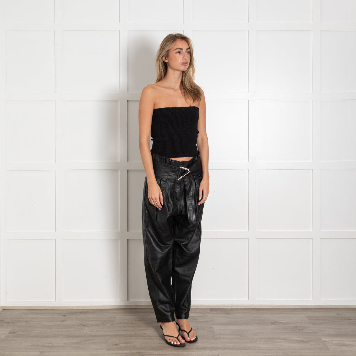 IRO Husvik Black Belted Pleated Lamb Leather Trousers - Image 7