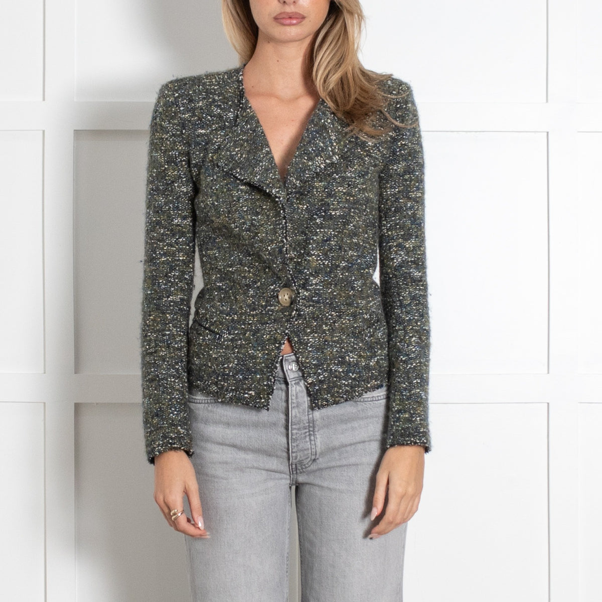 Green Cream Knitted Tweed Blazer - Image 2