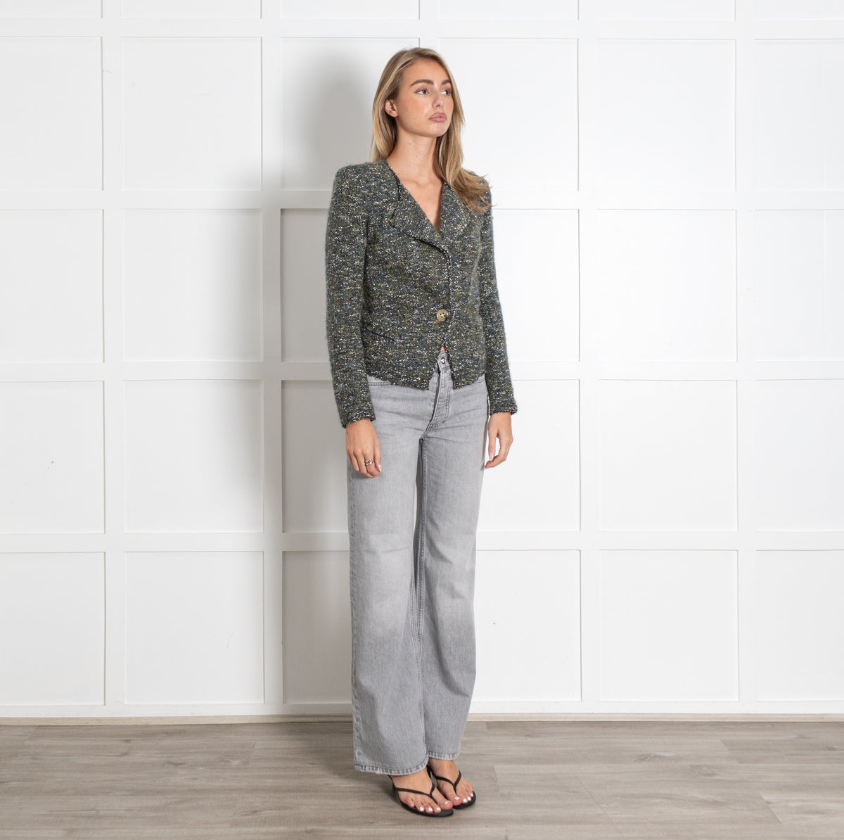 Green Cream Knitted Tweed Blazer - Image 7
