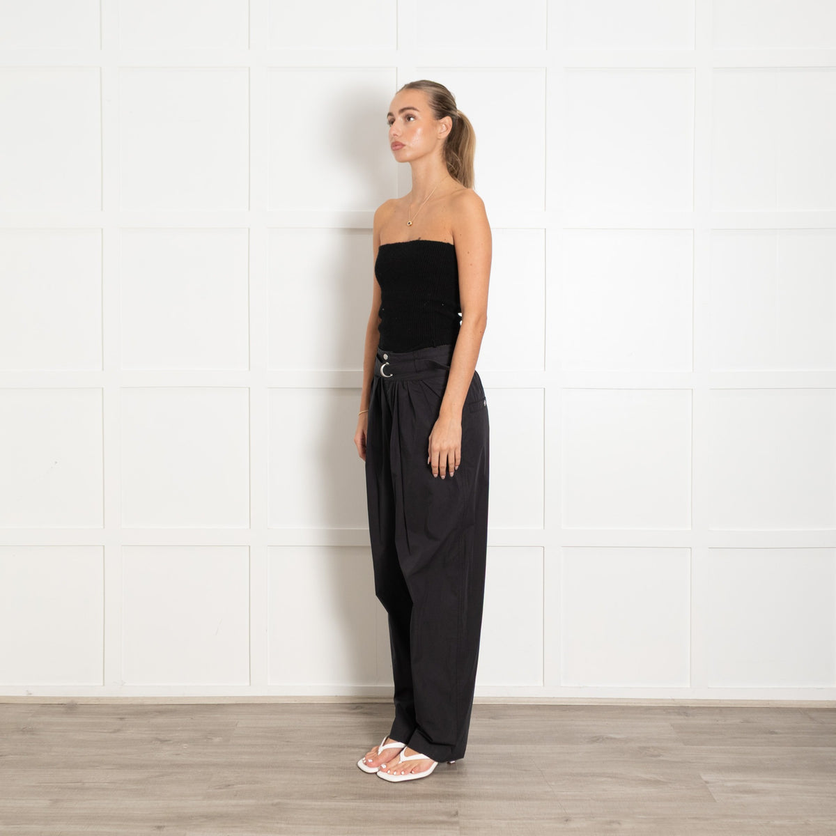 Isabel Marant Navy Pleat Front Wide Leg Cotton Trousers - Image 3