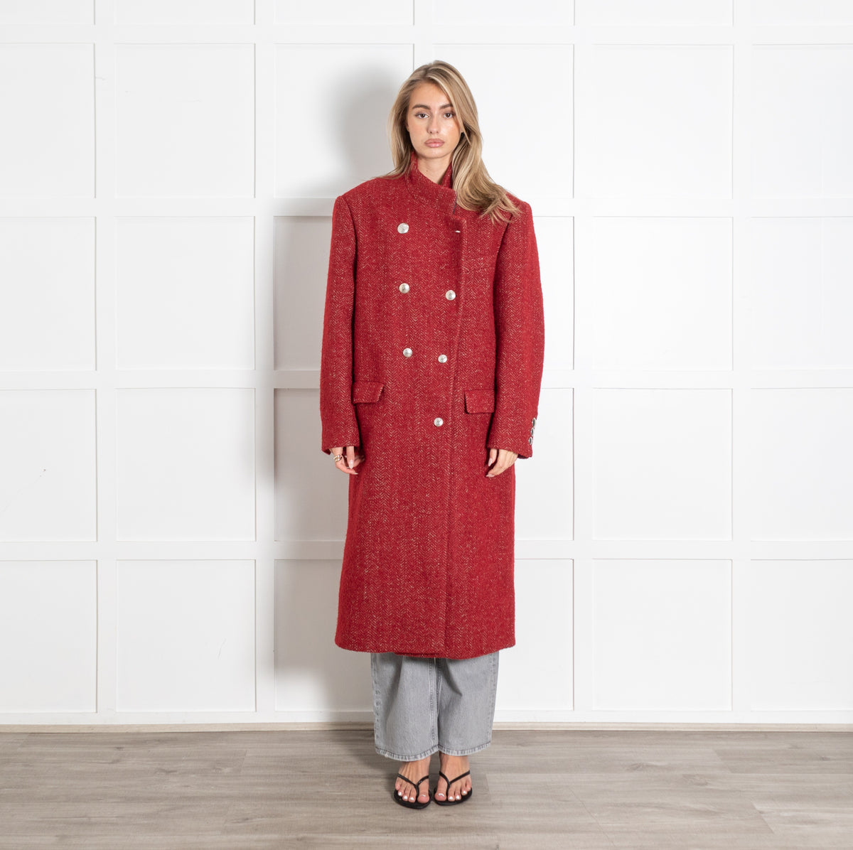 Isabel Marant Deep Red Herringbone Wool Long Coat - Image 1