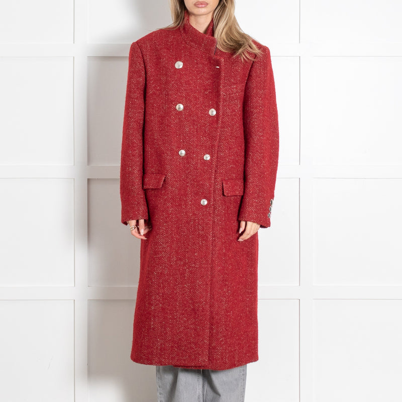 Isabel Marant Deep Red Herringbone Wool Long Coat - Image 2