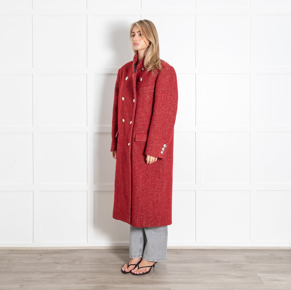 Isabel Marant Deep Red Herringbone Wool Long Coat - Image 3