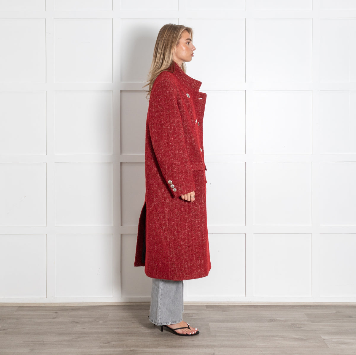 Isabel Marant Deep Red Herringbone Wool Long Coat - Image 5