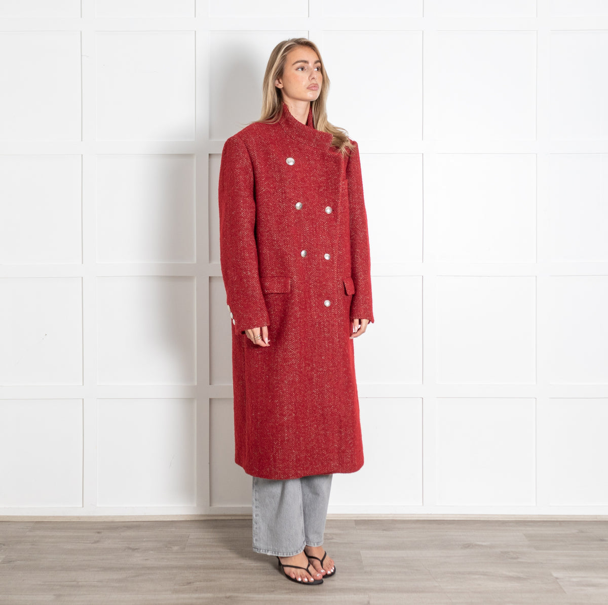 Isabel Marant Deep Red Herringbone Wool Long Coat - Image 6