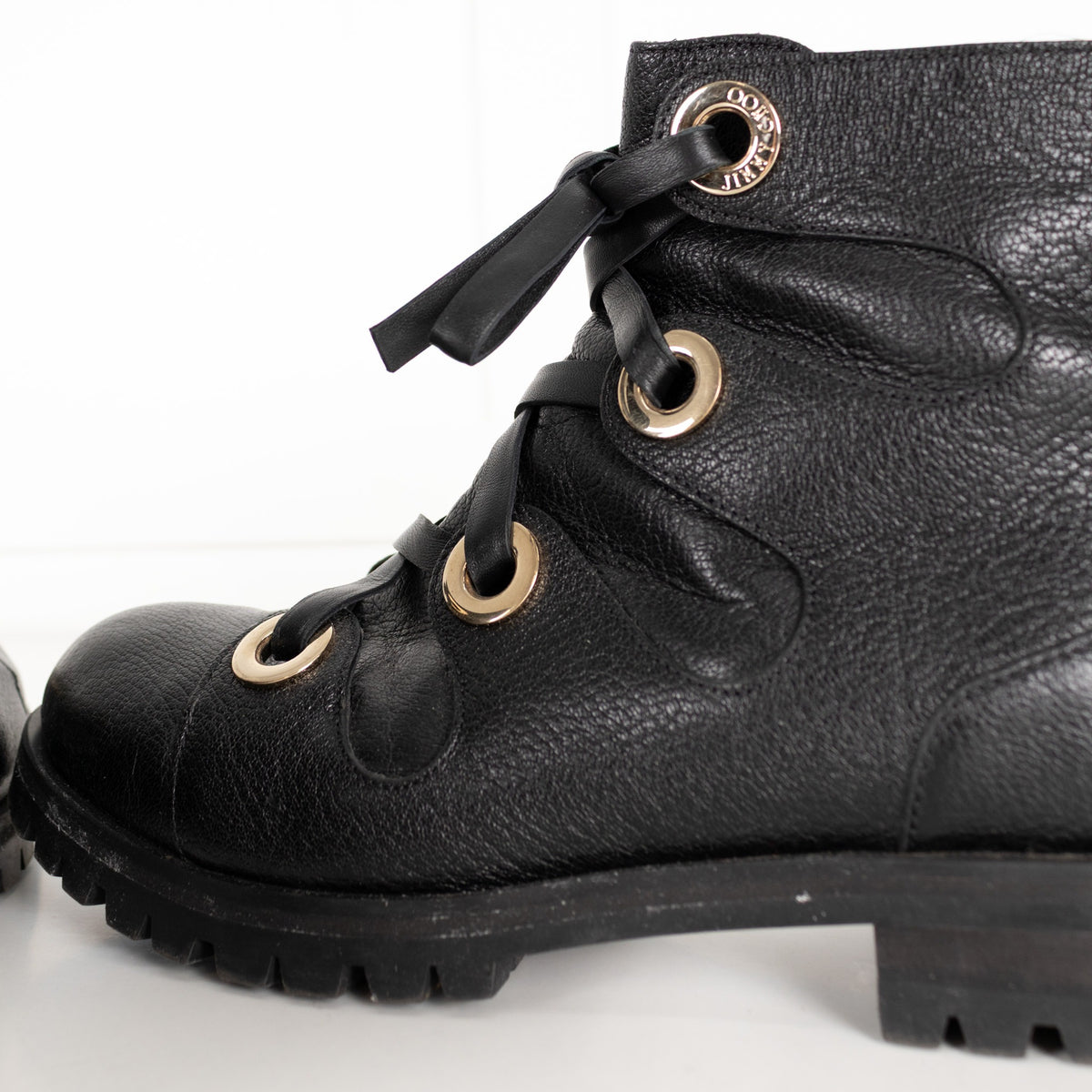 Jimmy Choo Black Leather Ankle Boots with Gold Eyelets - Image 13