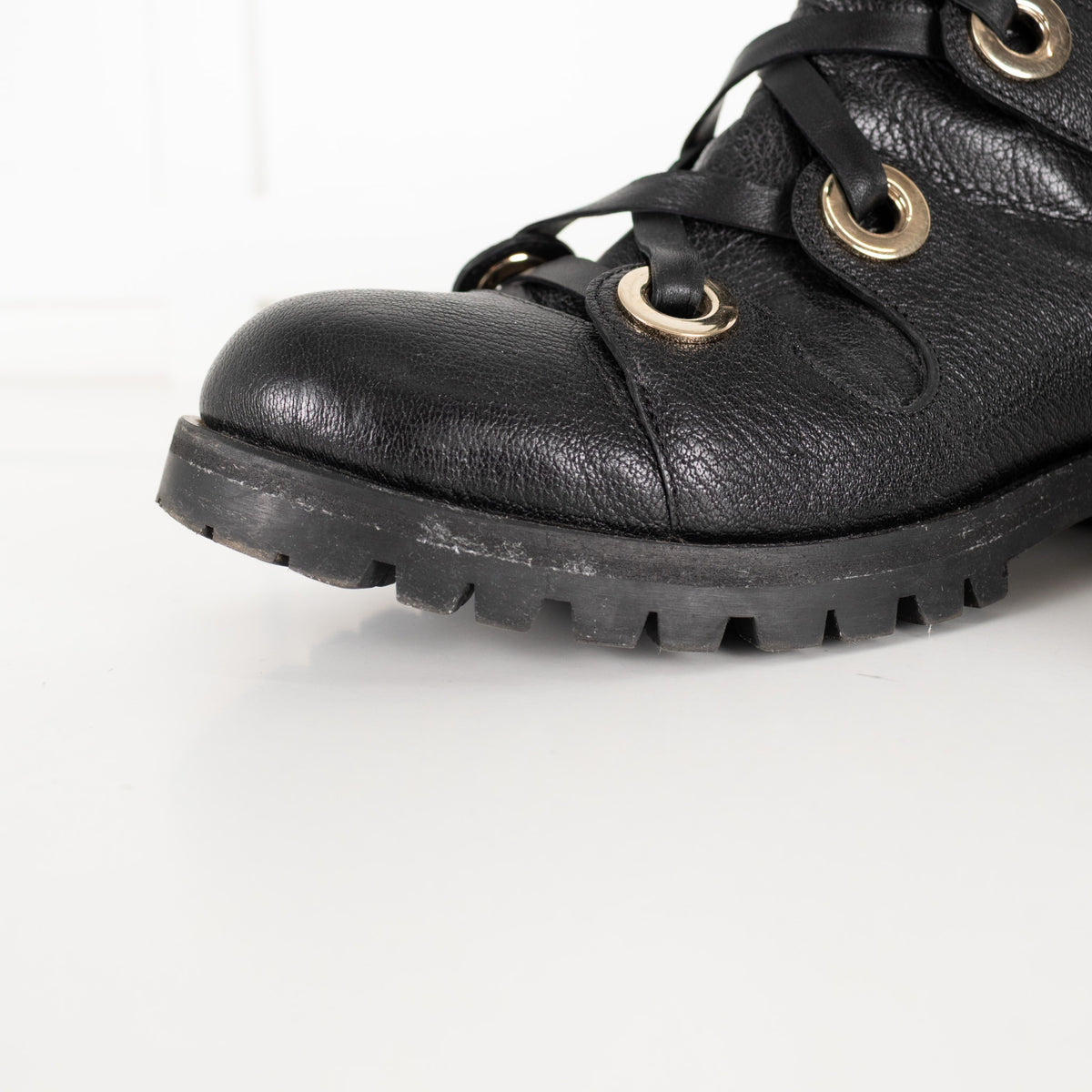 Jimmy Choo Black Leather Ankle Boots with Gold Eyelets - Image 15