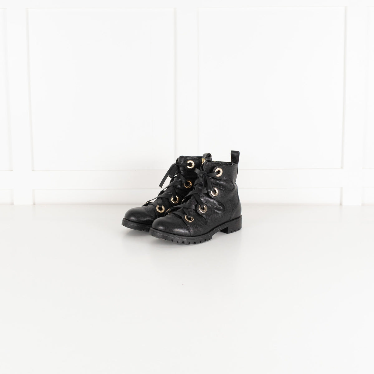 Jimmy Choo Black Leather Ankle Boots with Gold Eyelets - Image 1