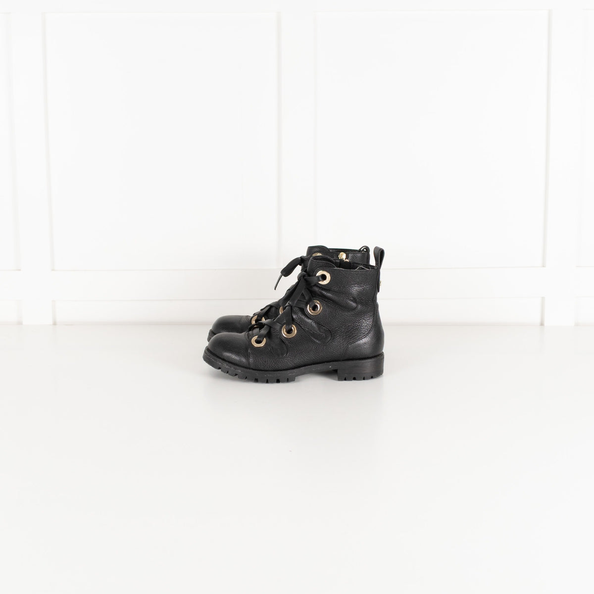 Jimmy Choo Black Leather Ankle Boots with Gold Eyelets - Image 3